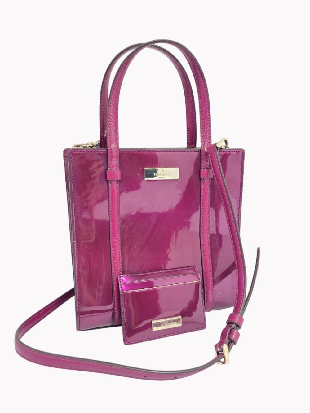 Kate Spade Kenzie Dark Raspberry Patent Leather Sm Tote Handbag Card Case AS IS